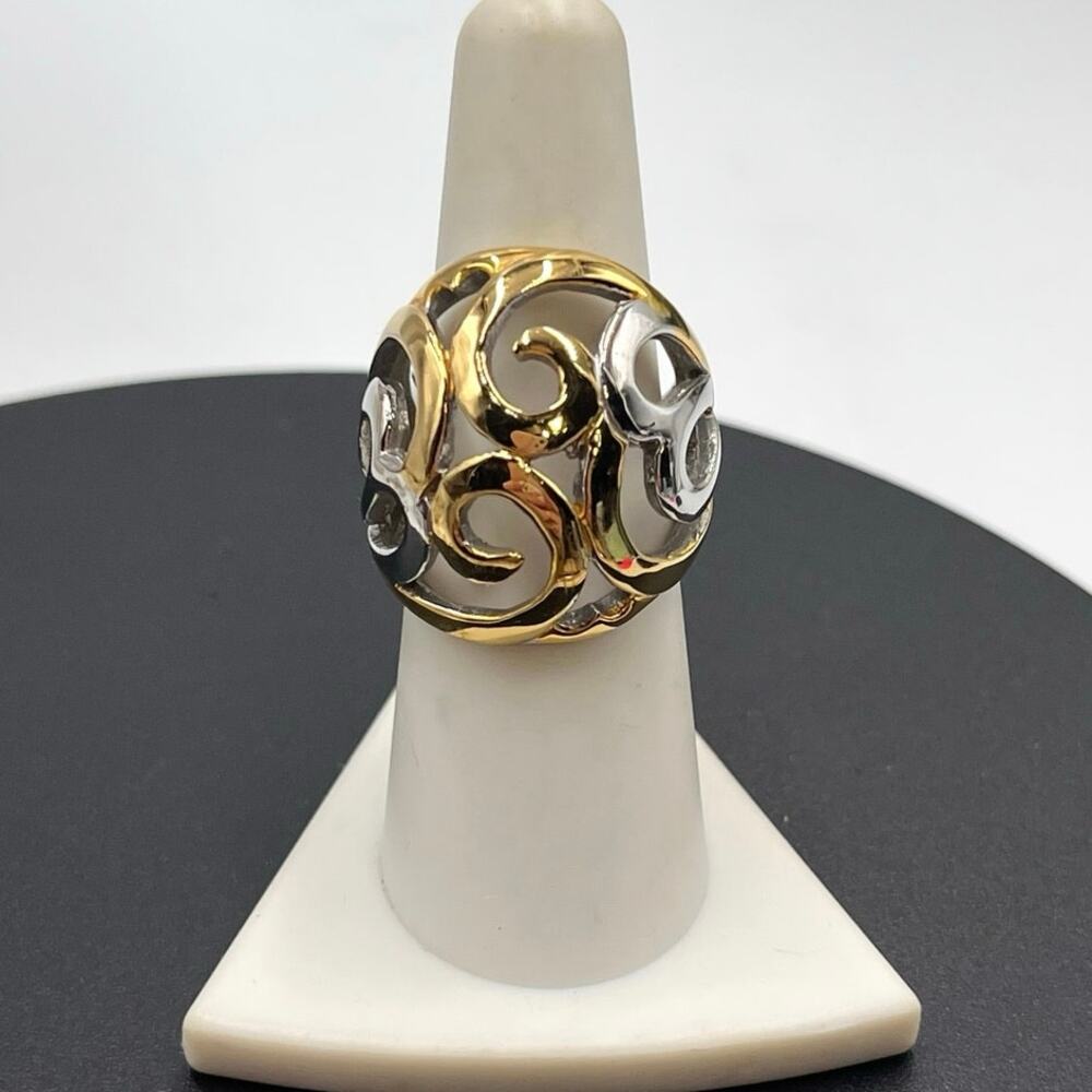 Spikes Stainless Steel Dual Tone Hearts Scrolls SilverGold Tone‎ Dome Ring  7.5